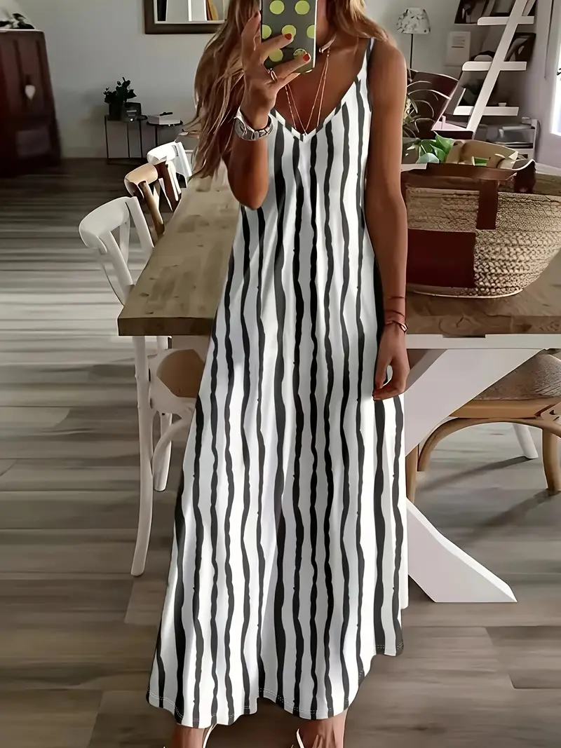 Women's Striped Spring Print Sexy Fashion Suspender Long Skirt