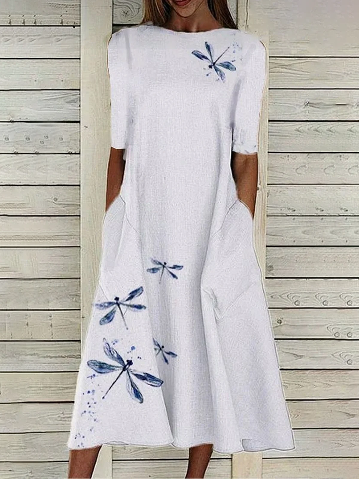 Women's Short Sleeve Summer White Dragonfly Printing Crew Neck Daily Going Out Casual Maxi H-Line Shift Dress Dress