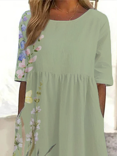 Women's Short Sleeve Summer Green Floral Printing Crew Neck Daily Going Out Casual Maxi H-Line Shift Dress Dress