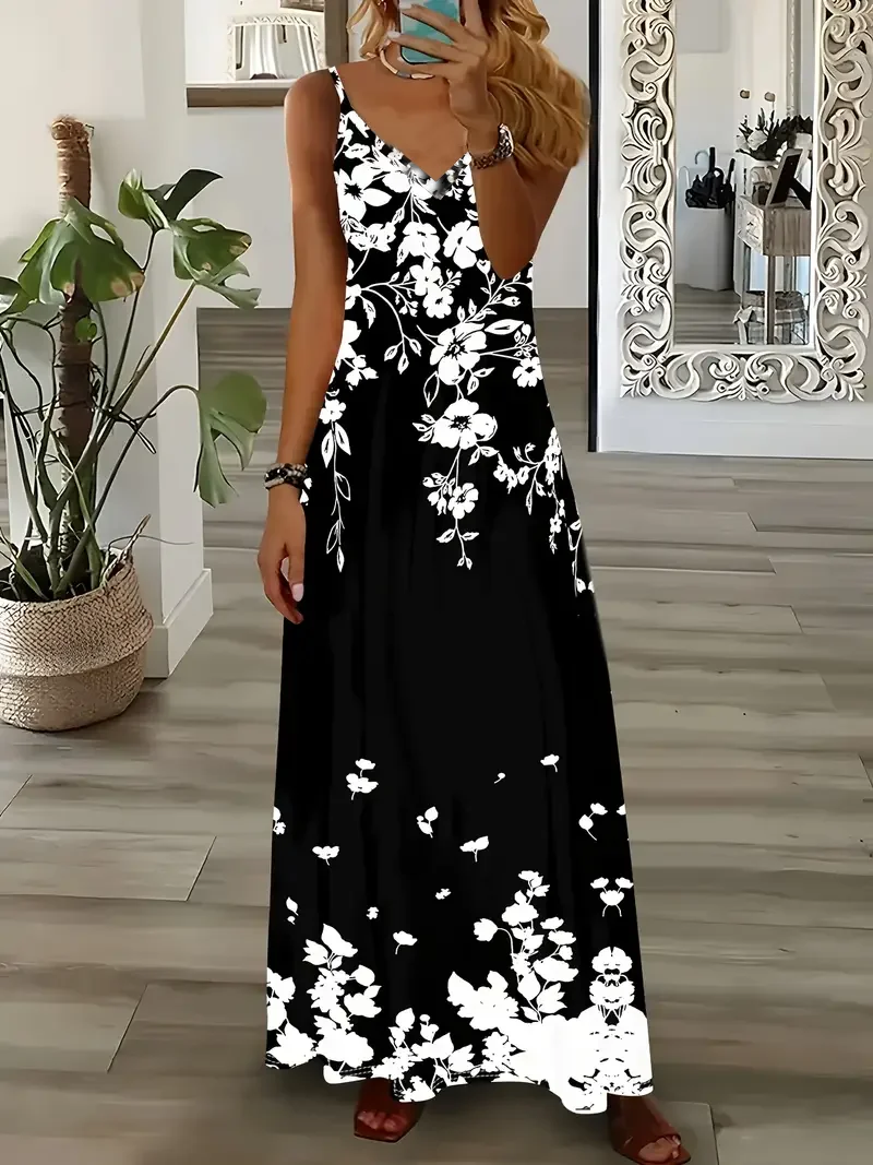 Women's Floral Spring Print Sexy Fashion Suspender Long Dress