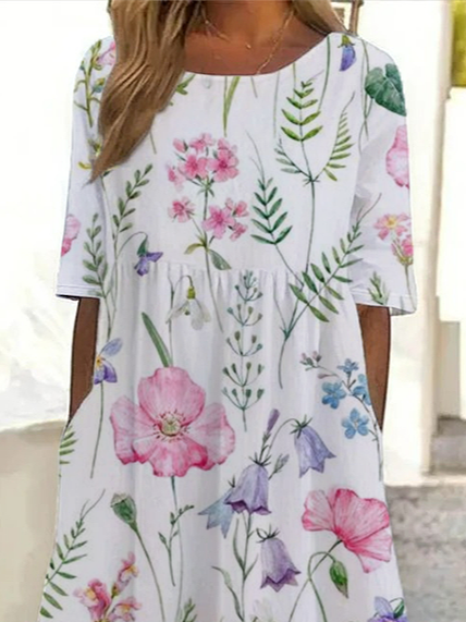 Women's Short Sleeve Summer White Floral Printing Crew Neck Daily Going Out Casual Maxi H-Line Shift Dress Dress