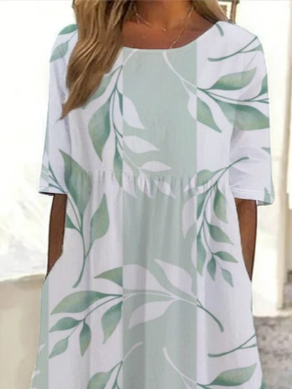 Women's Short Sleeve Summer Green Floral Printing Crew Neck Daily Going Out Casual Maxi H-Line Shift Dress Dress