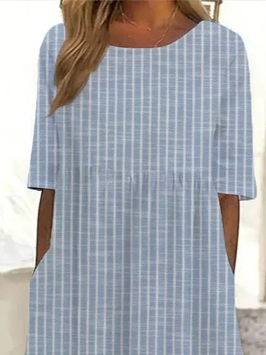 Women's Short Sleeve Summer Blue Striped Printing Crew Neck Daily Going Out Casual Maxi H-Line Shift Dress Dress