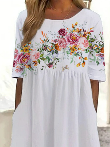 Women's Short Sleeve Summer White Floral Printing Crew Neck Daily Going Out Casual Maxi H-Line Shift Dress Dress