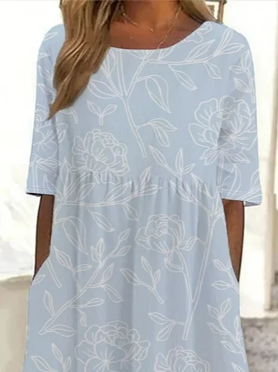 Women's Short Sleeve Summer Blue Floral Printing Crew Neck Daily Going Out Casual Maxi H-Line Shift Dress Dress