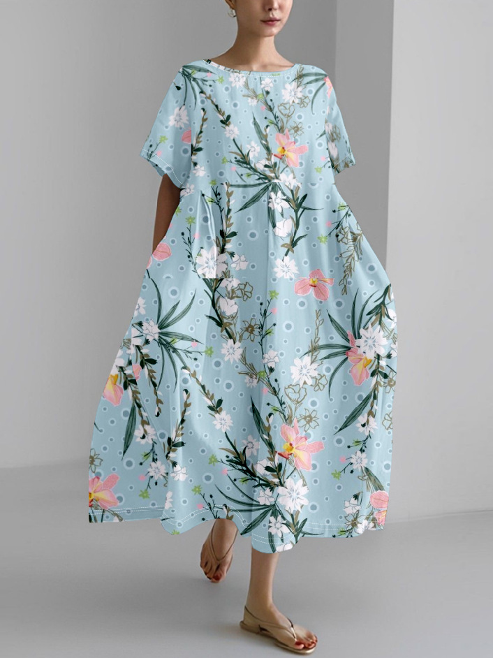 Floral Crew Neck Casual Dress With No