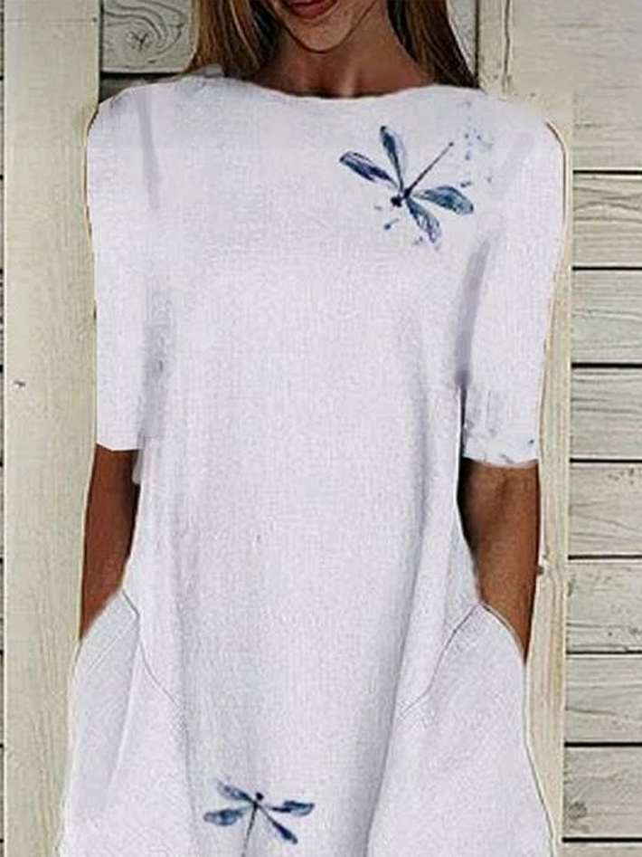 Women's Short Sleeve Summer White Dragonfly Printing Crew Neck Daily Going Out Casual Maxi H-Line Shift Dress Dress