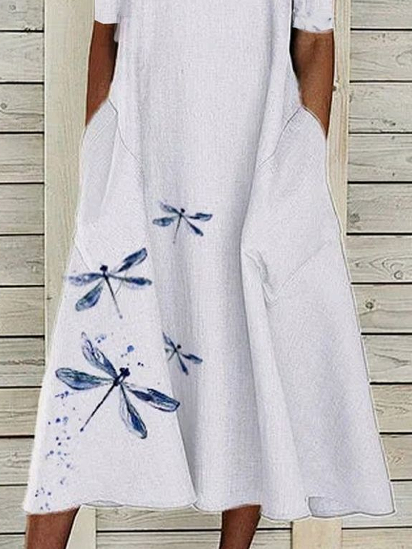 Women's Short Sleeve Summer White Dragonfly Printing Crew Neck Daily Going Out Casual Maxi H-Line Shift Dress Dress