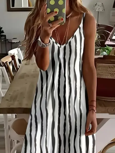 Women's Striped Spring Print Sexy Fashion Suspender Long Skirt