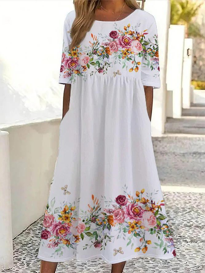 Women's Short Sleeve Summer White Floral Printing Crew Neck Daily Going Out Casual Maxi H-Line Shift Dress Dress