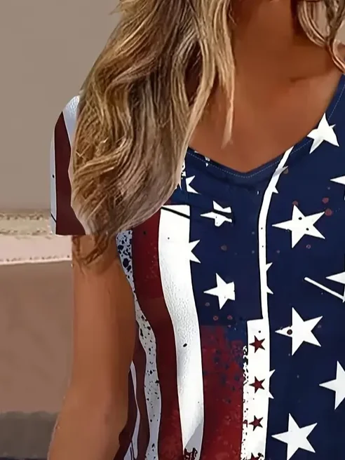 Women's July 4th Independence Day Flag Print V-Neck Short Sleeve T-Shirt