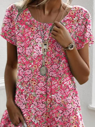 Women's Floral Spring Print Crew Neck Short Sleeve Dress