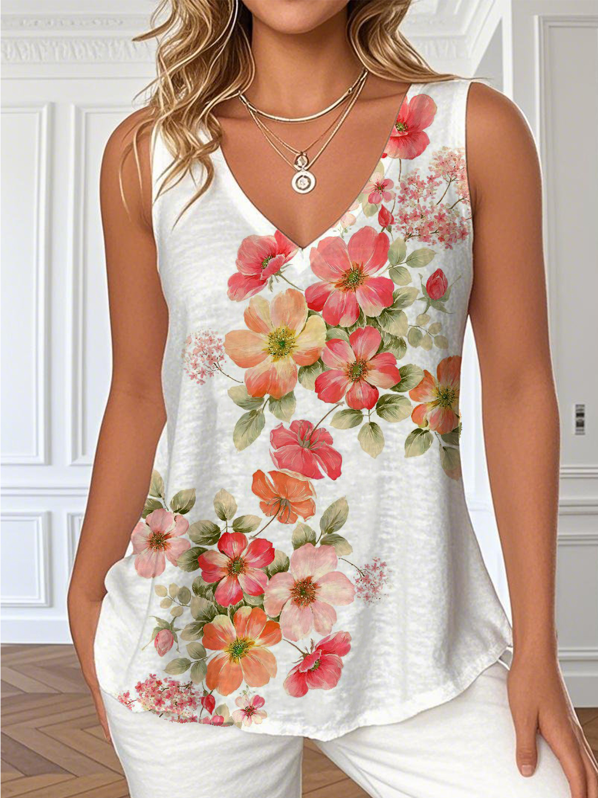 Loose V Neck Casual Floral T-Shirt