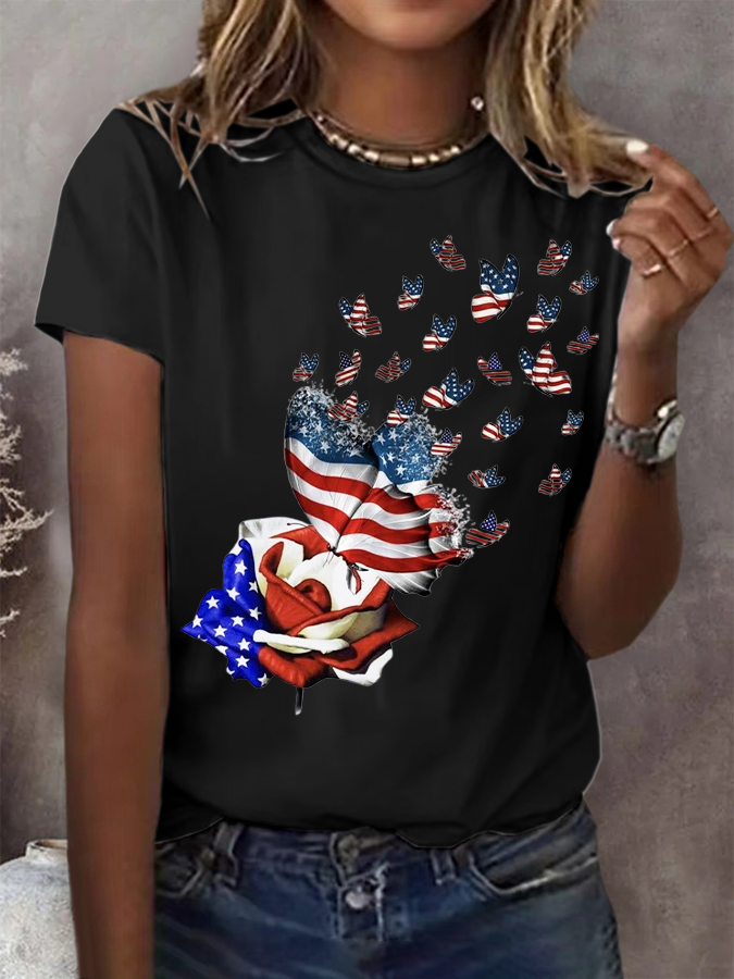 Women's July 4th Independence Day Flag Printed Round Neck Short Sleeve T-Shirt