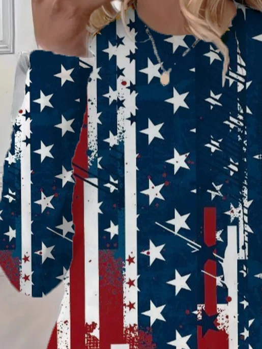 Women's July 4th Independence Day Flag Print Round Neck Long Sleeve T-Shirt