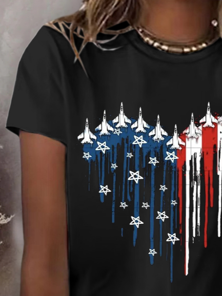 Women's July 4th Independence Day Flag Printed Round Neck Short Sleeve T-Shirt