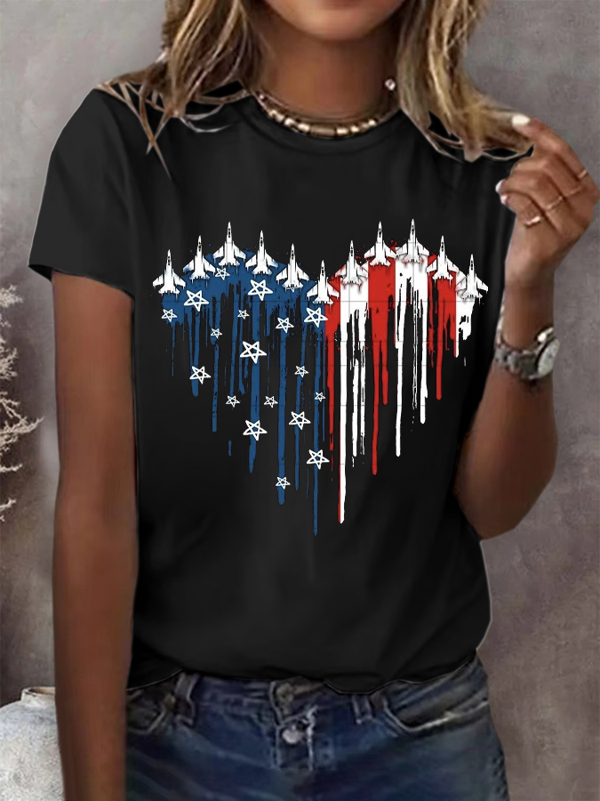 Women's July 4th Independence Day Flag Printed Round Neck Short Sleeve T-Shirt