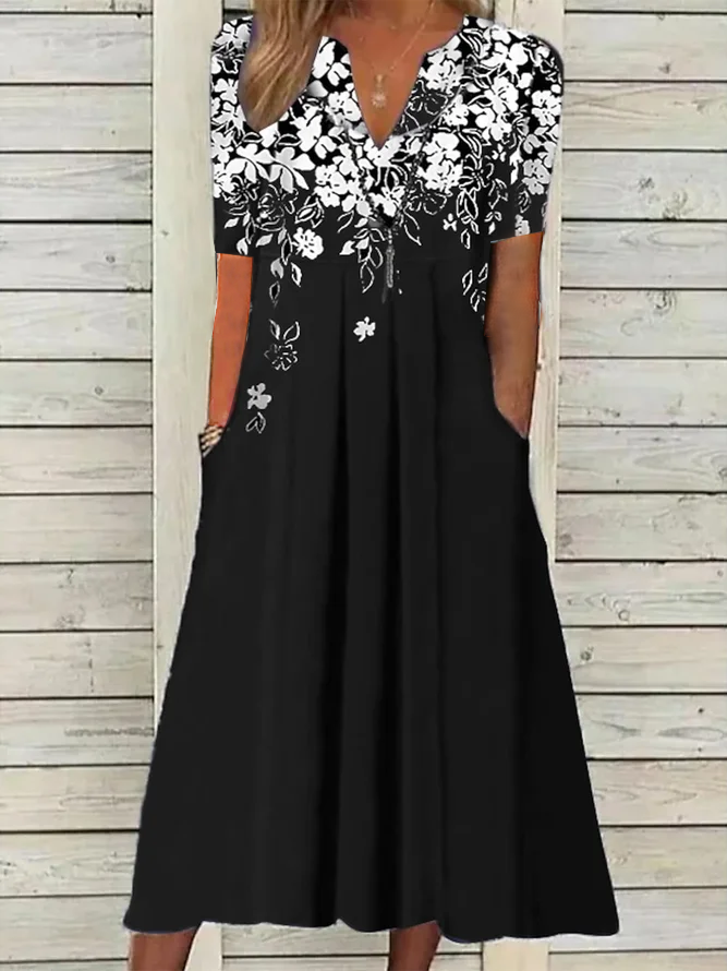 Women's Short Sleeve Summer Black Floral Printing V Neck Daily Going Out Casual Maxi H-Line Fit & Flare Dress Dress