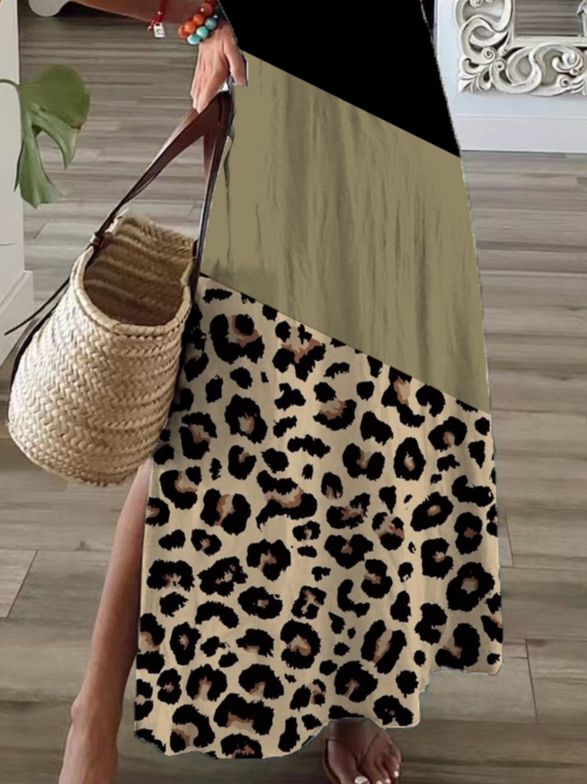 Women's Leopard Print Spring Casual V-Neck Short Sleeve Slit Dress