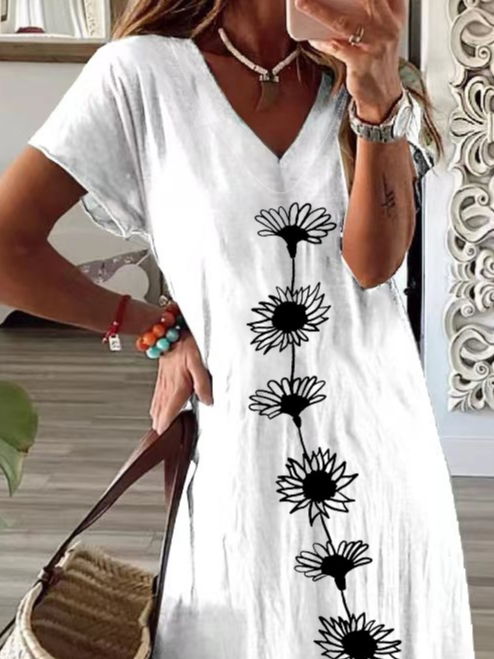 Women's Floral Spring Print Casual V-Neck Short Sleeve Slit Dress