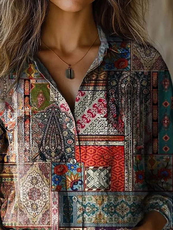 Women's Ethnic Art Floral Print Long Sleeve Shirt