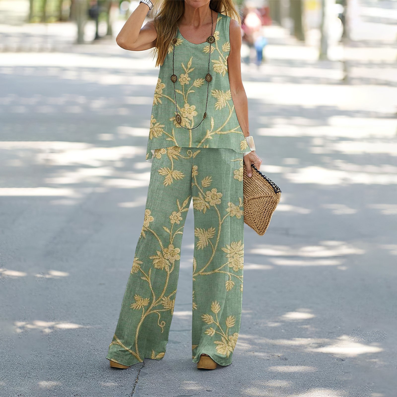 Vintage floral print elegant casual two-piece set