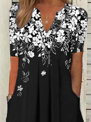 Women's Short Sleeve Summer Black Floral Printing V Neck Daily Going Out Casual Maxi H-Line Fit & Flare Dress Dress