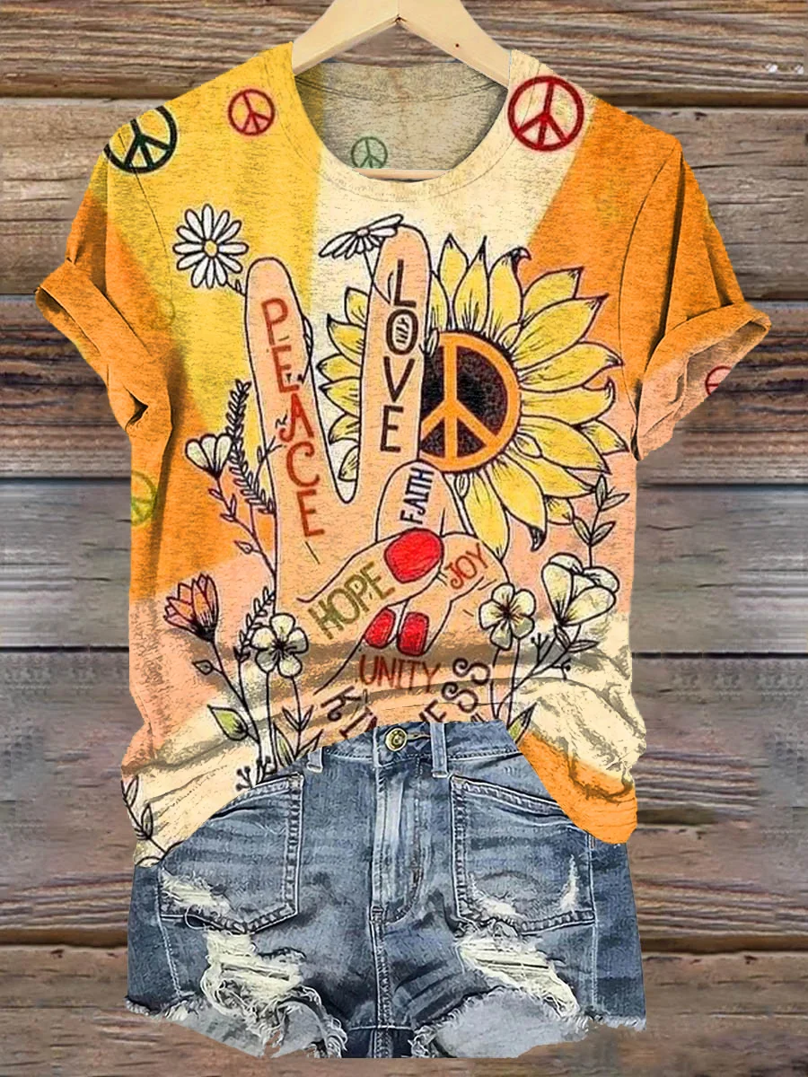 Casual Geometric Crew Neck Cotton T-Shirt