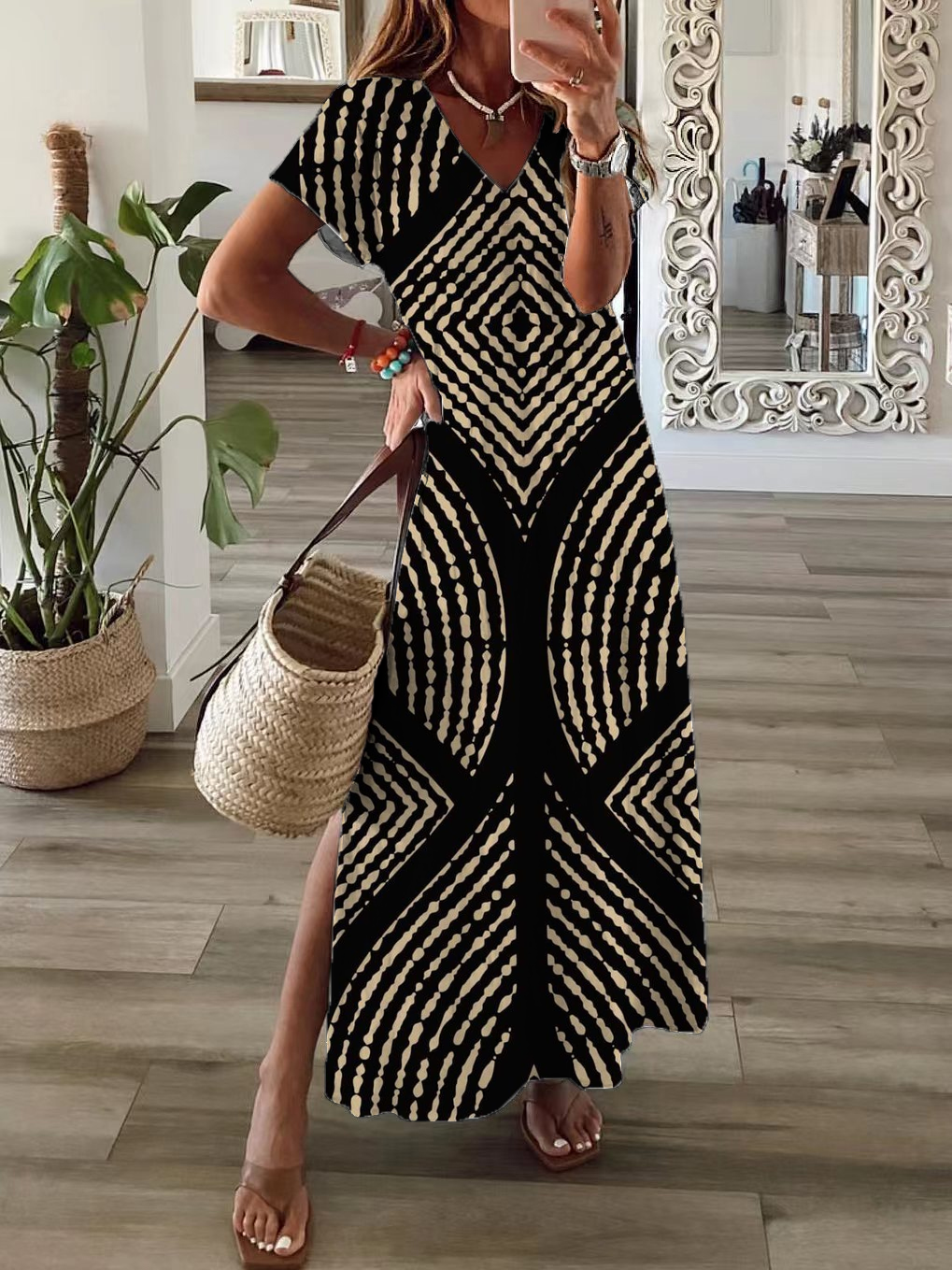 Women's Geometric Spring Print Casual V-Neck Short Sleeve Slit Dress