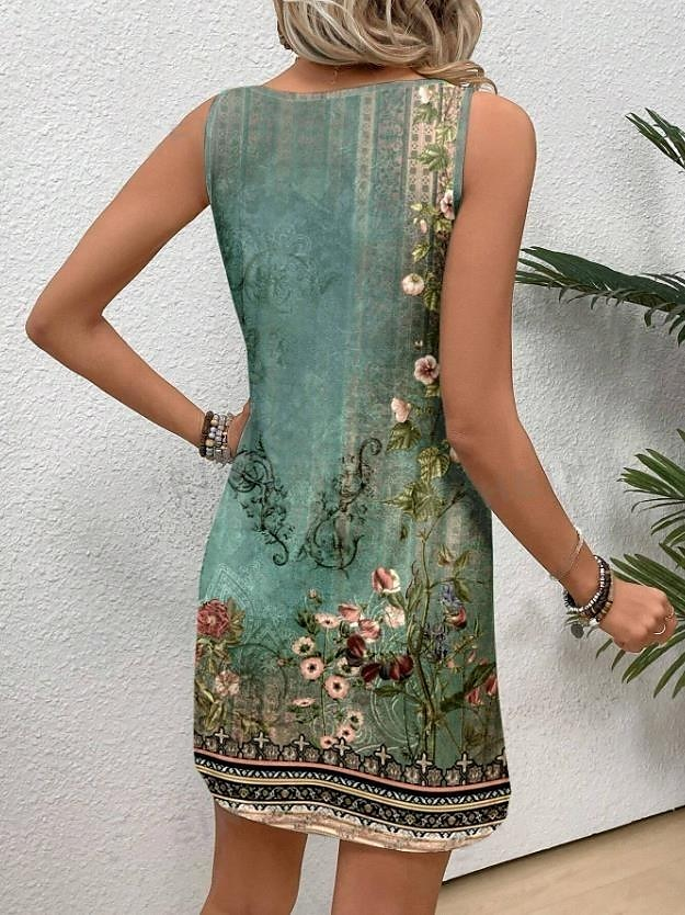 Women's Floral Spring and Summer Printed Casual Round Neck Sleeveless Dress