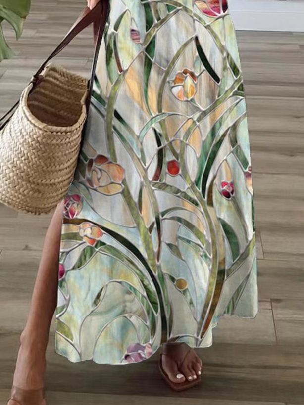 Women's Floral Spring Print Casual V-Neck Short Sleeve Slit Dress