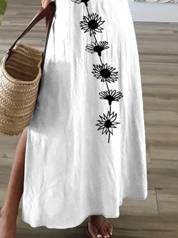 Women's Floral Spring Print Casual V-Neck Short Sleeve Slit Dress