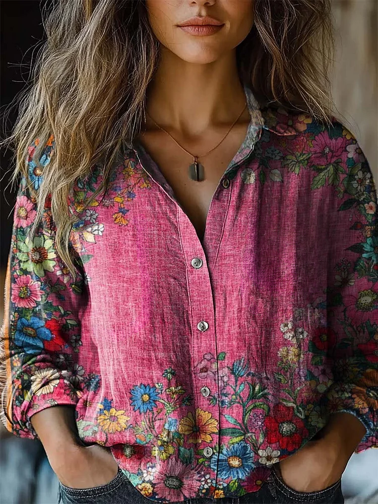 Women's Artistic Floral Print Long Sleeve Shirt