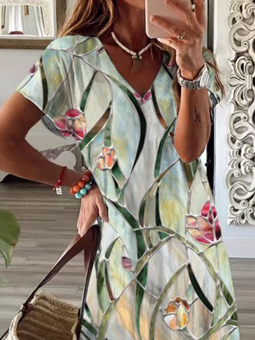 Women's Floral Spring Print Casual V-Neck Short Sleeve Slit Dress