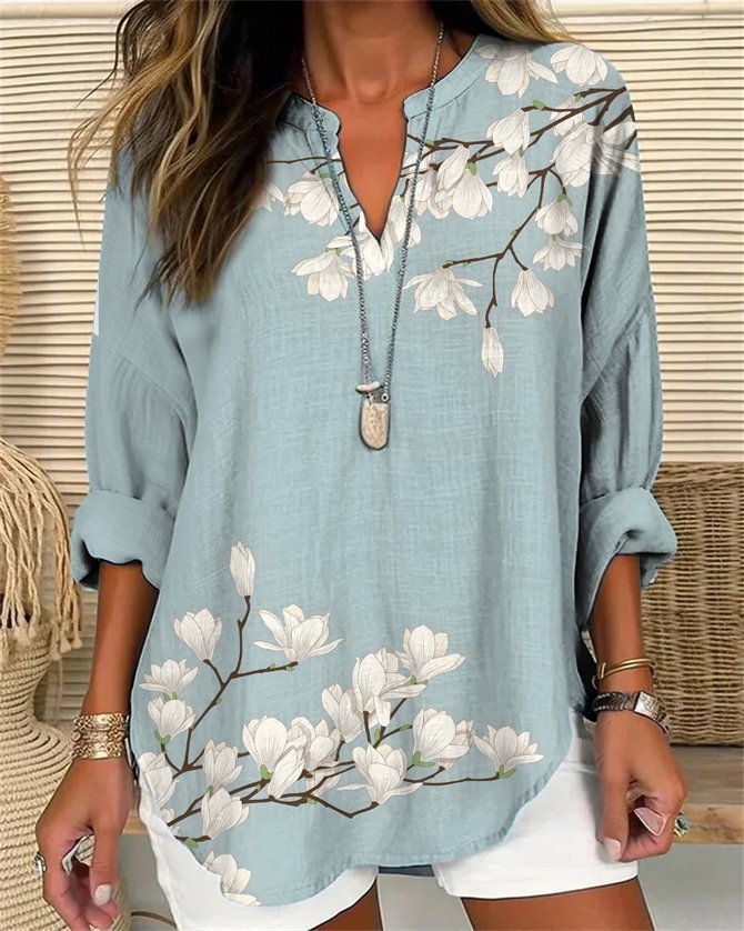 Cotton-Blend Floral Casual V Neck Shirt Blouse