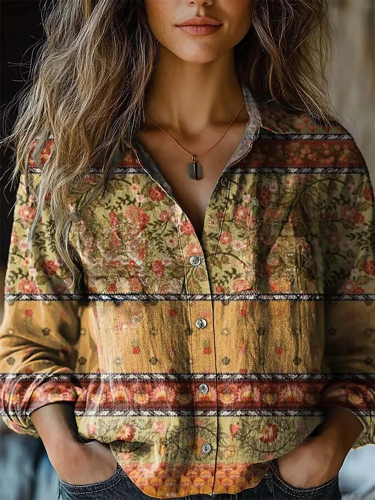 Women's Artistic Floral Print Long Sleeve Shirt