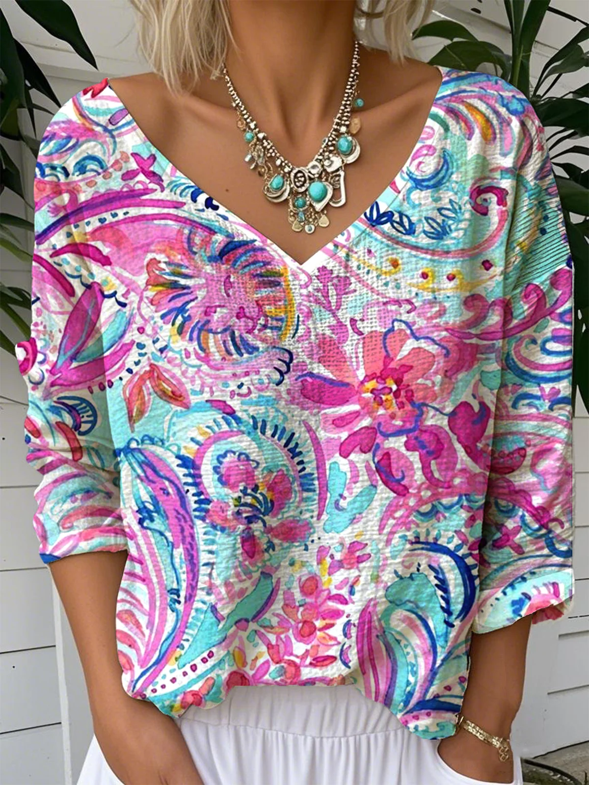 Print Casual V Neck Long Sleeve T-Shirt