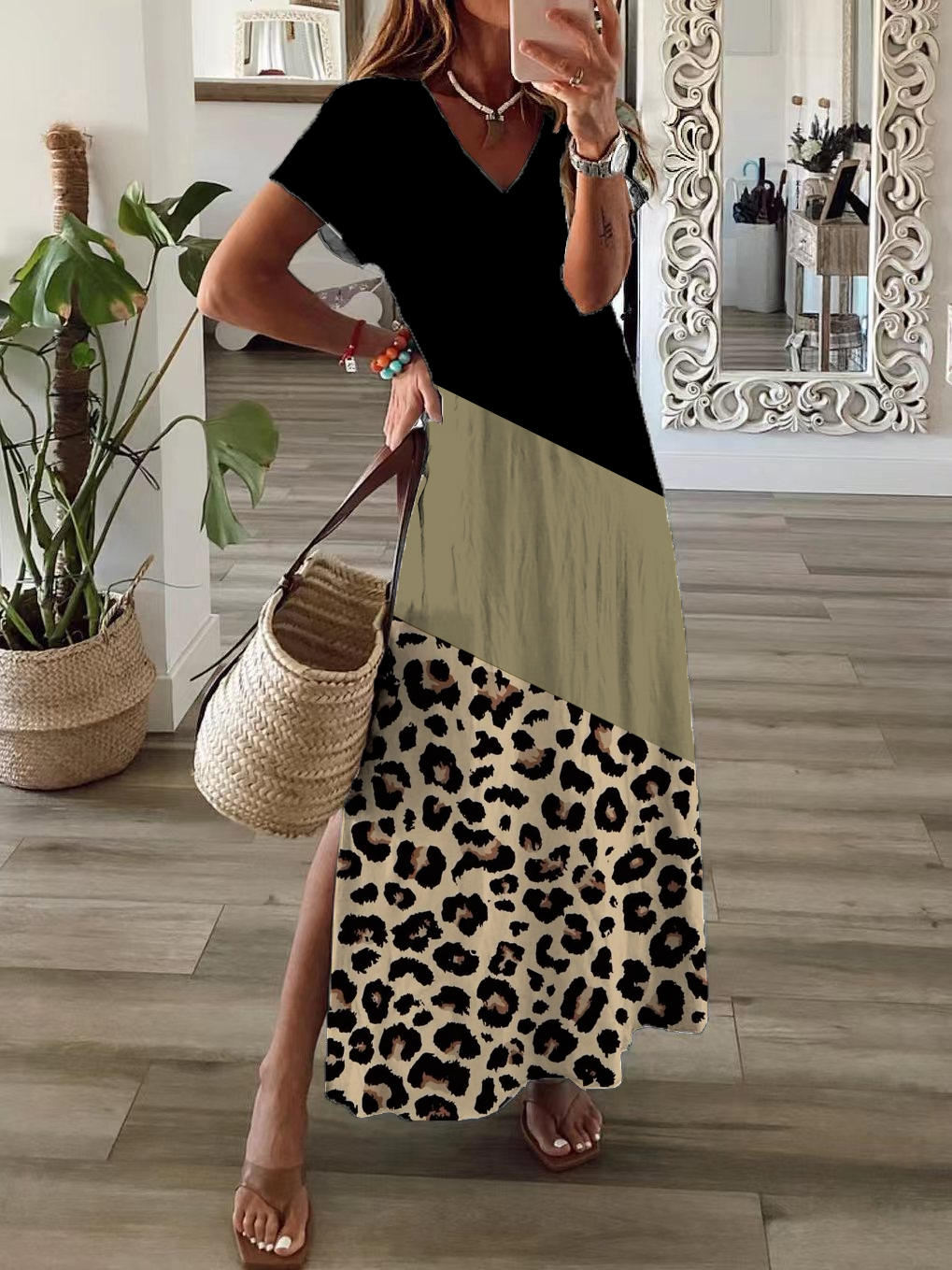 Women's Leopard Print Spring Casual V-Neck Short Sleeve Slit Dress