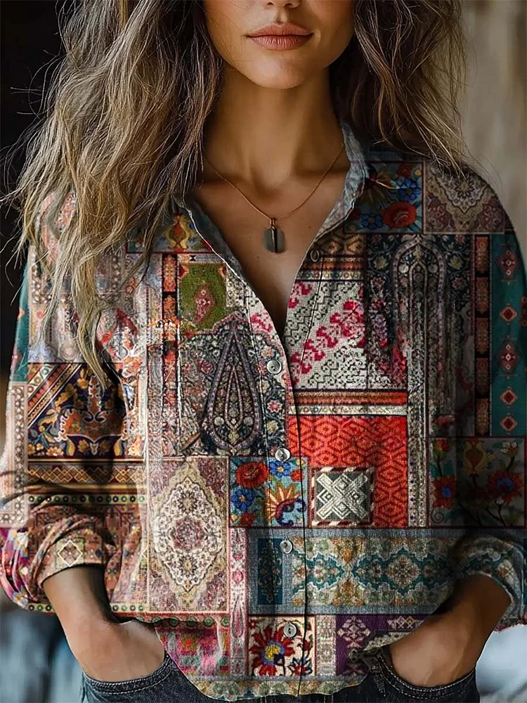 Women's Ethnic Art Floral Print Long Sleeve Shirt