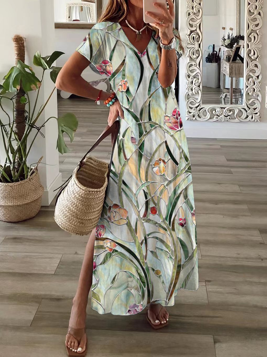 Women's Floral Spring Print Casual V-Neck Short Sleeve Slit Dress