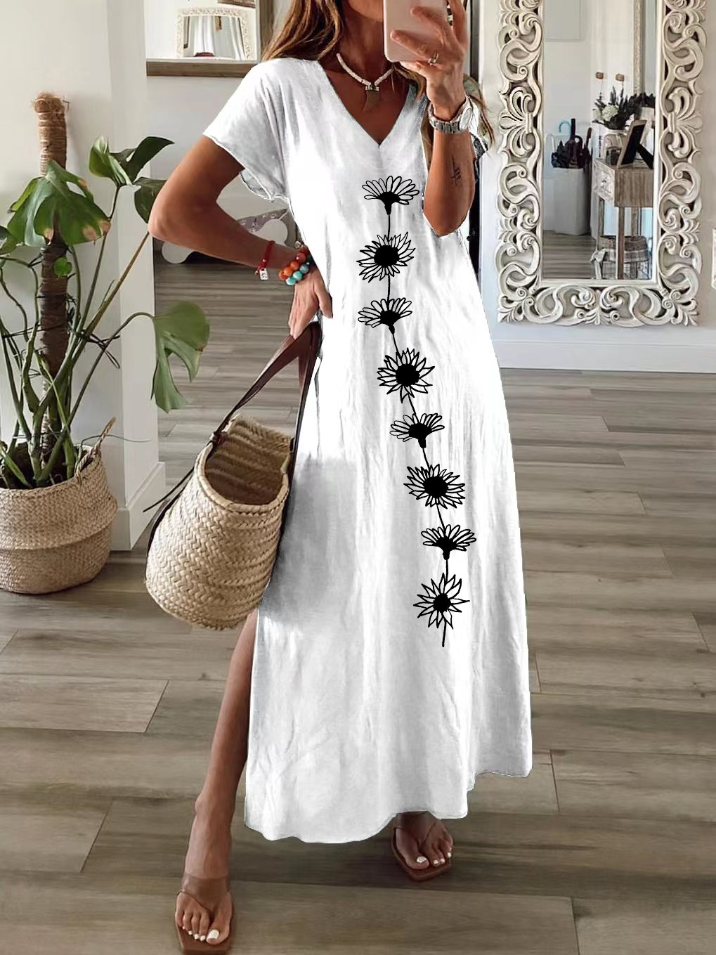 Women's Floral Spring Print Casual V-Neck Short Sleeve Slit Dress