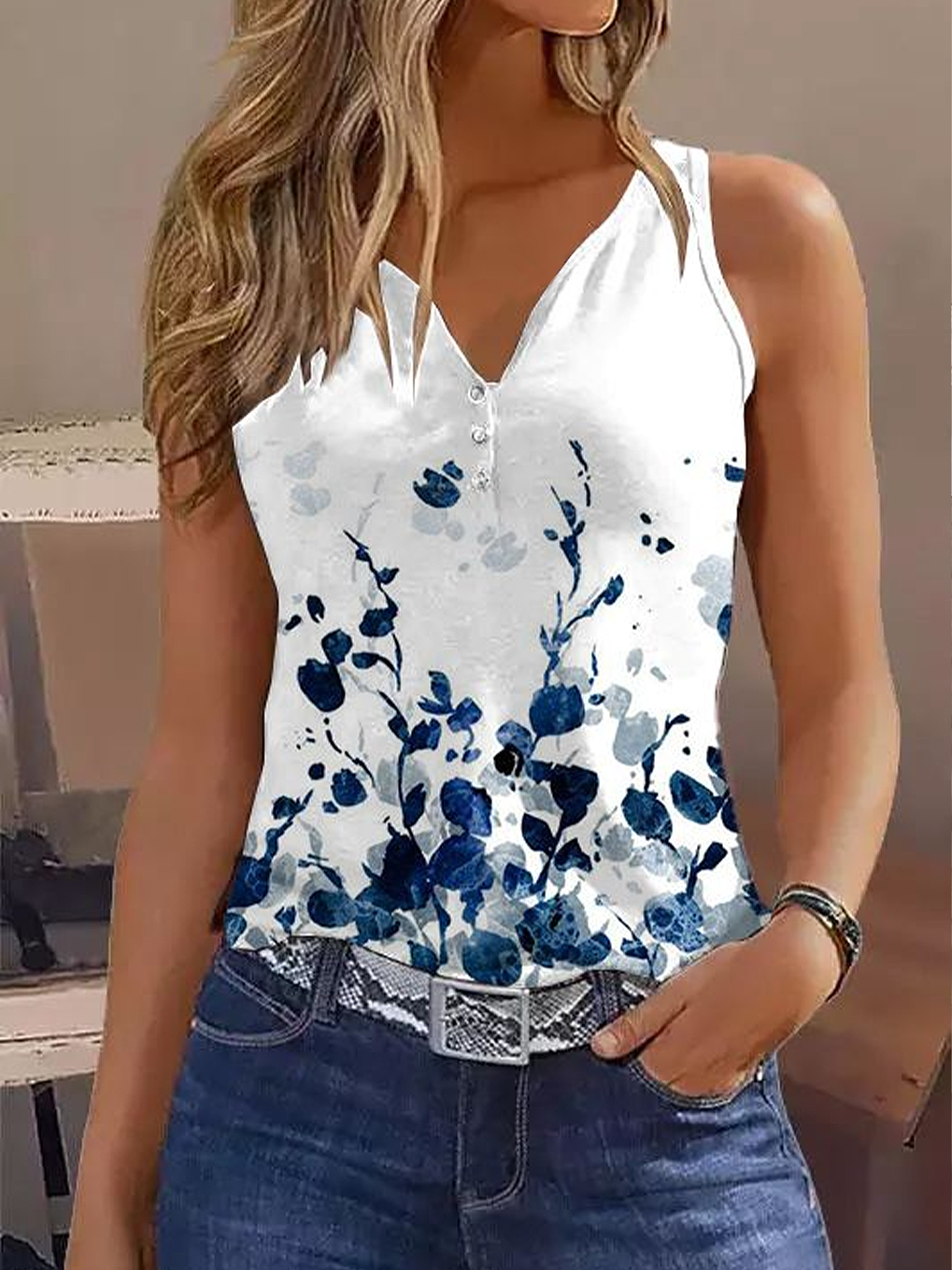 Women's Sleeveless Tank Top Summer As Picture Floral Printing V Neck Daily Going Out Casual Top