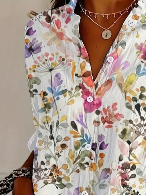 Women's Long Sleeve Shirt Spring/Fall White Floral Buckle Shirt Collar Daily Going Out Casual Top