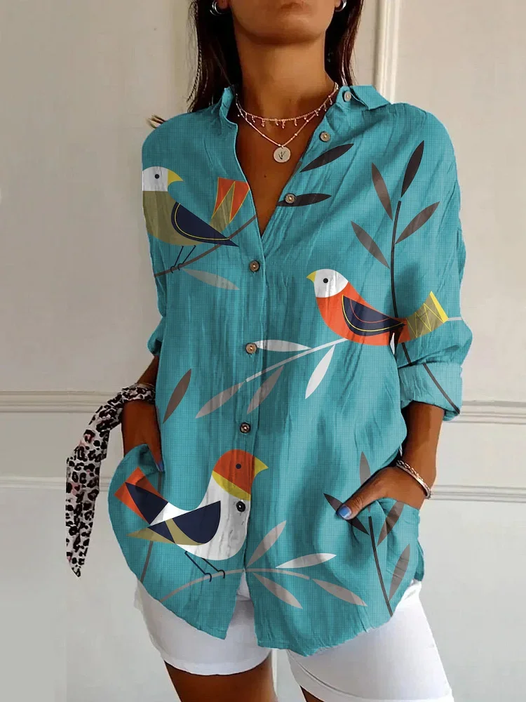 Women's Long Sleeve Shirt Spring/Fall Blue Bird Buckle Shirt Collar Daily Going Out Casual Top