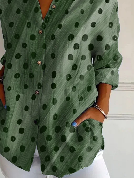 Women's Long Sleeve Shirt Spring/Fall Green Polka Dots Buckle Shirt Collar Daily Going Out Casual Top