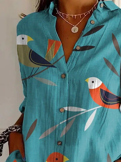 Women's Long Sleeve Shirt Spring/Fall Blue Bird Buckle Shirt Collar Daily Going Out Casual Top