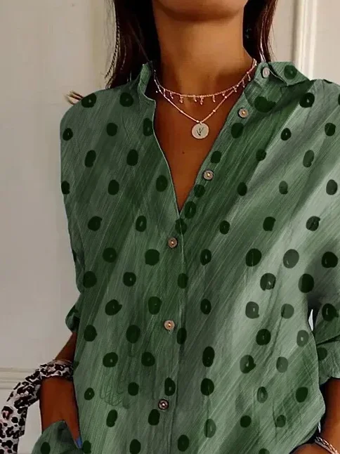 Women's Long Sleeve Shirt Spring/Fall Green Polka Dots Buckle Shirt Collar Daily Going Out Casual Top