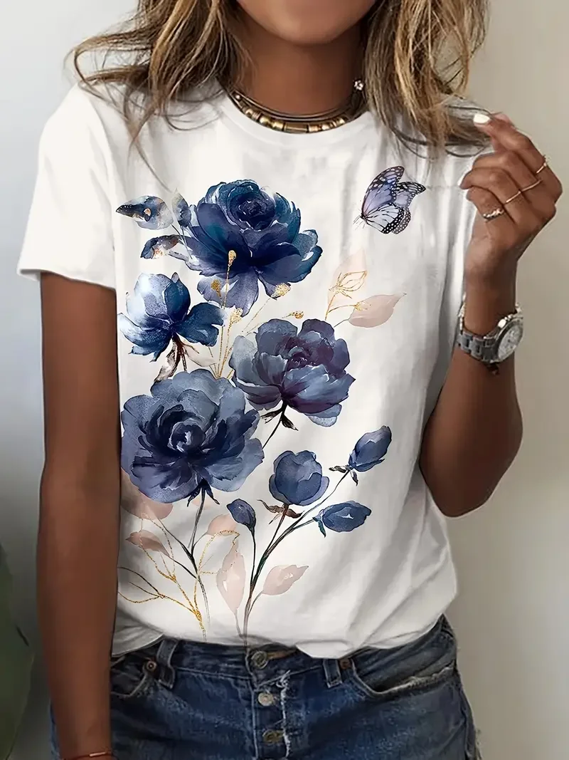 Women's Floral Print Casual Crew Neck Short Sleeve T-Shirt