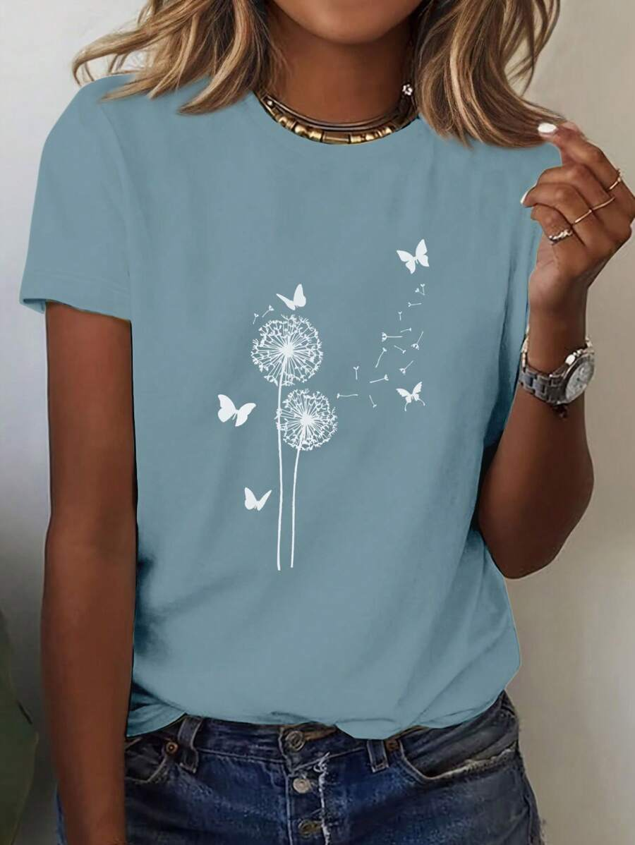 Women's Floral Print Casual Crew Neck Short Sleeve T-Shirt