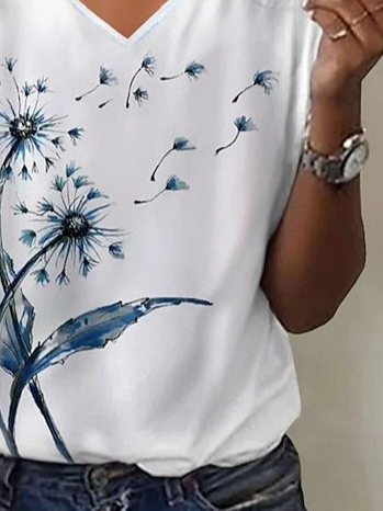 Women's Floral Print Casual V-Neck Short Sleeve T-Shirt